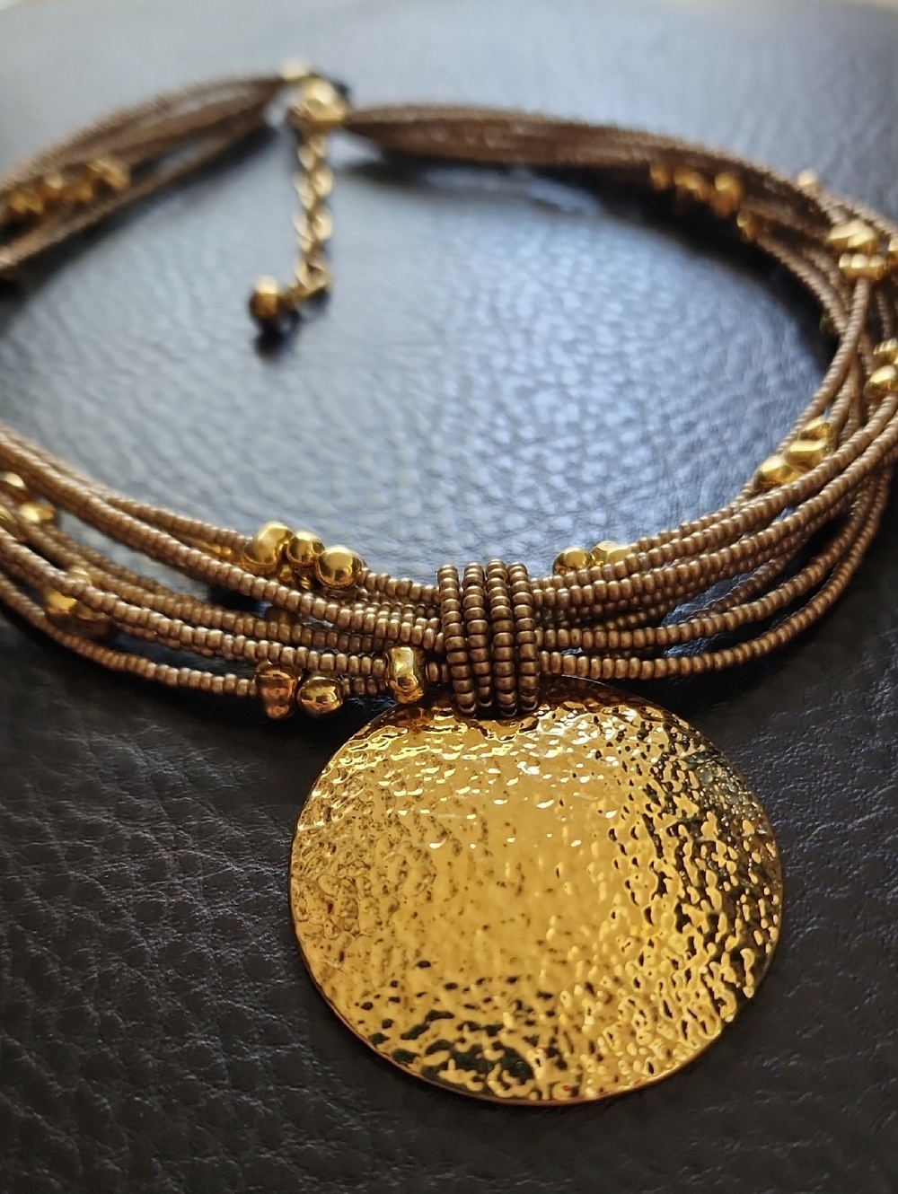 Gold Tone Joan Rivers Multi-Strand Beaded Necklace with Hammered Disc Pendant